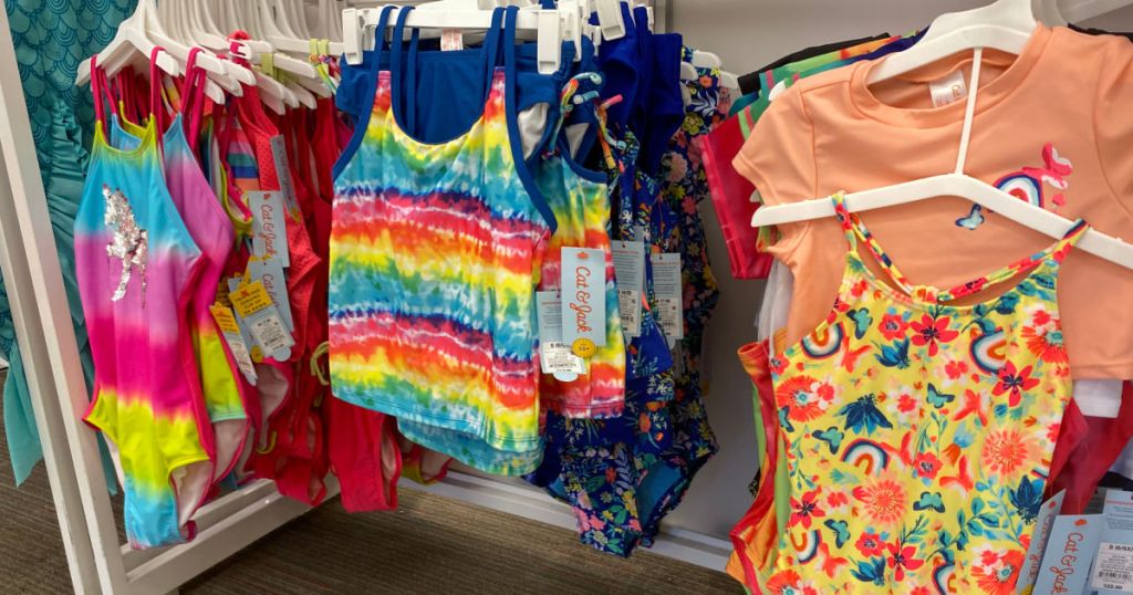 girl's swimsuits on rack