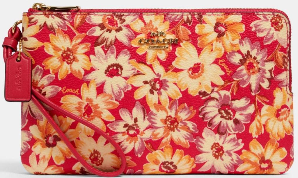red coach zip wallet with yellow and pink daisies