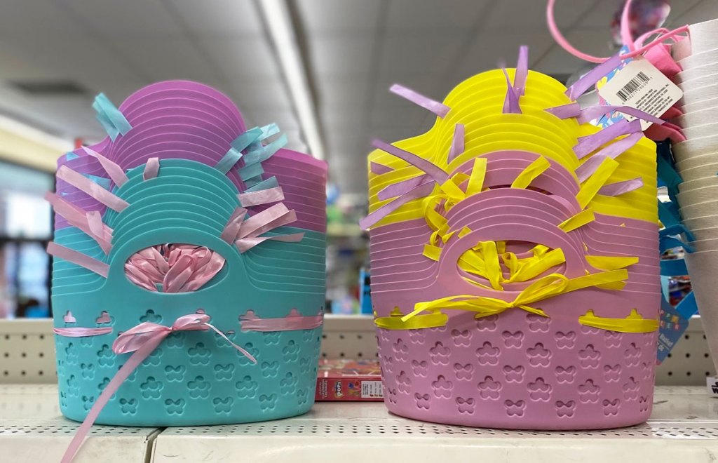 pastel plastic easter baskets on shelf at dollar tree