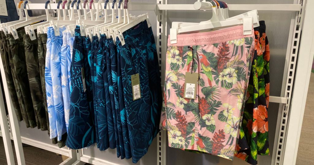 men's swim shorts on rack