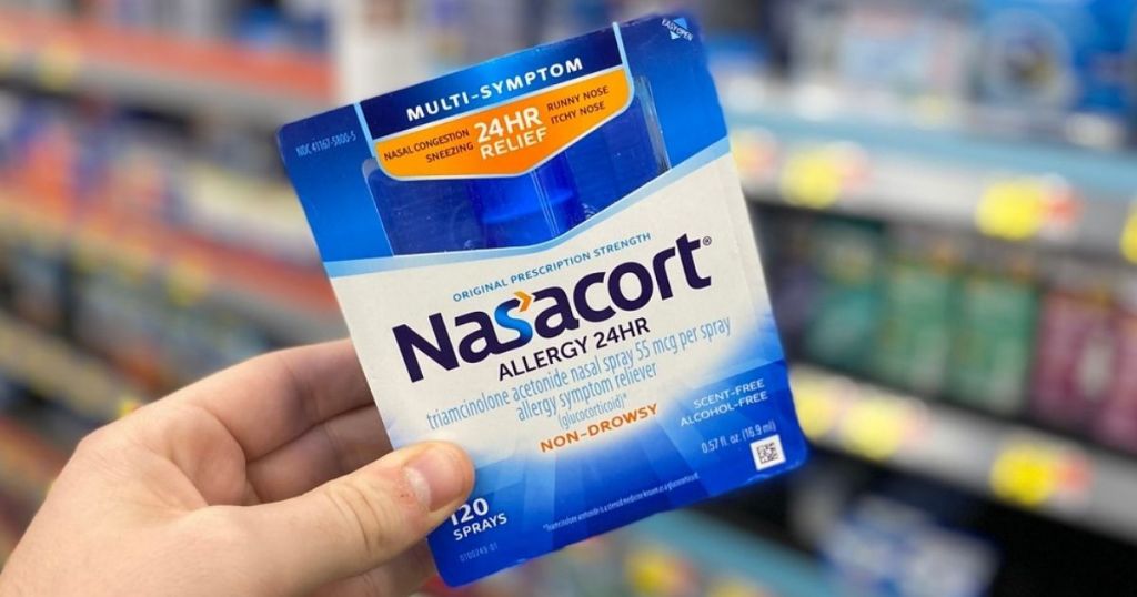 hand holding Nasacort Allergy 24HR in store