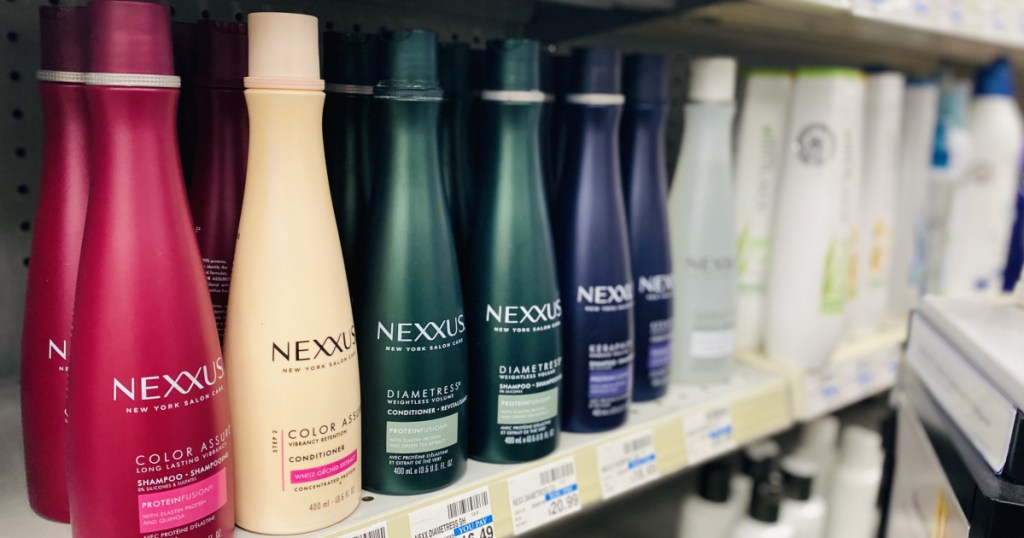 shampoo bottles on shelf 