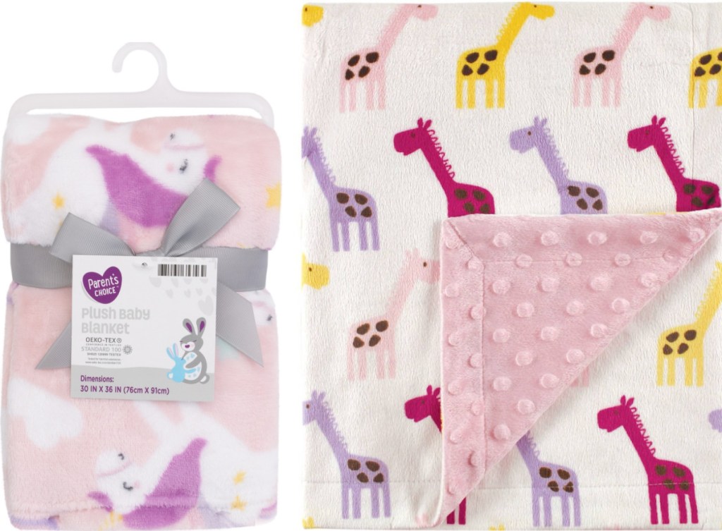 Parents Choice brand blankets in two prints - unicorn and giraffe