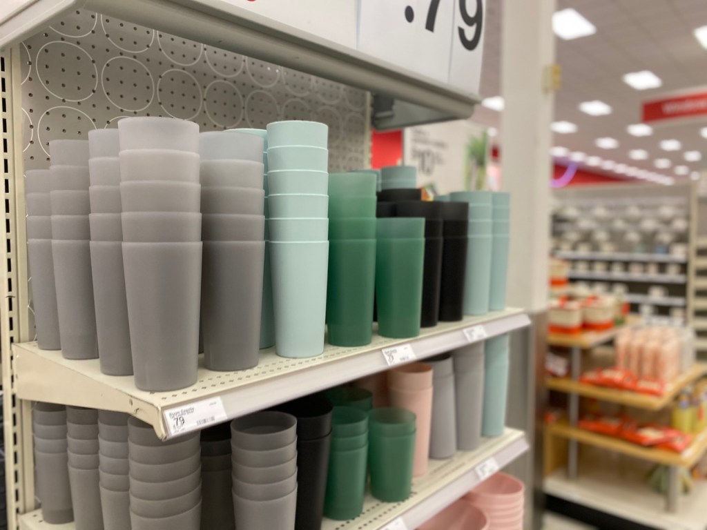 Room Essentials Tumblers on endcap of store shelf