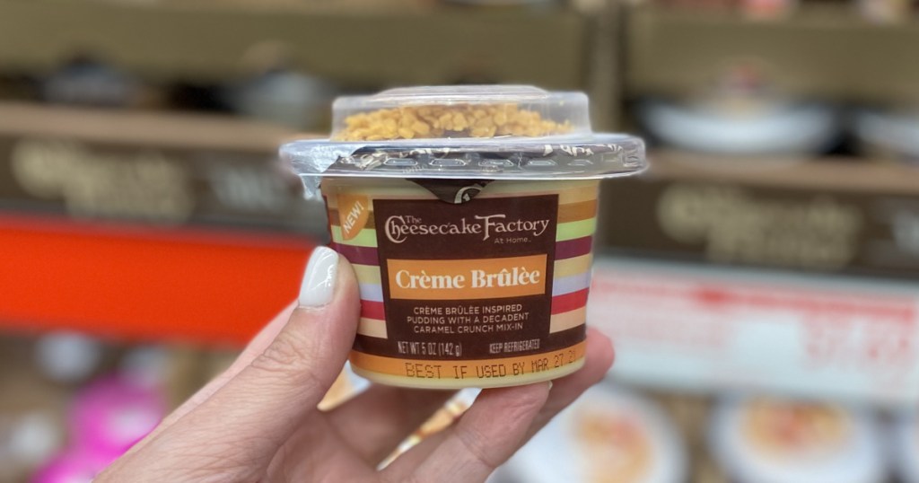 hand holding creme brulee cheesecake factory dessert at aldi 