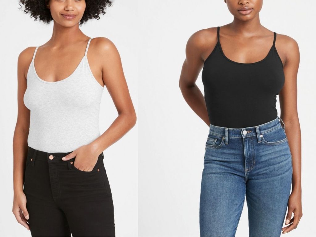 women wearing gray and black tanks