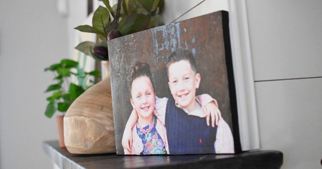 diy photo canvas on the mantle