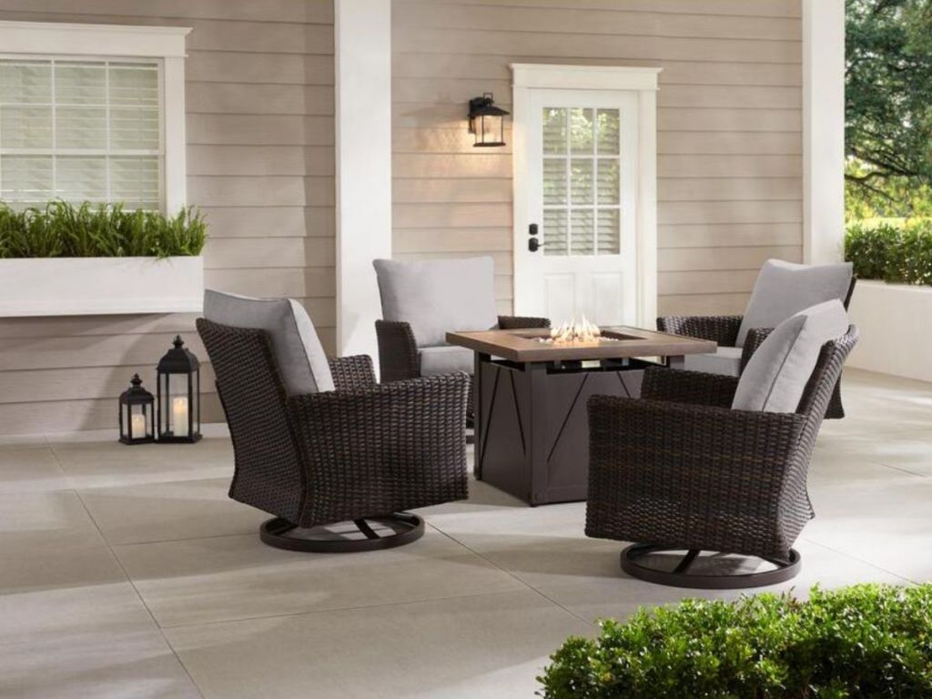 wicker fire pit patio set with gray cushions