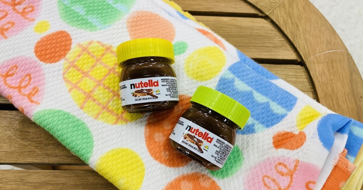 mini nutella jars with easter towel in the background