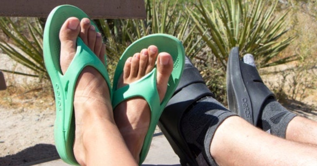 oofos oolala shoes teal on feet