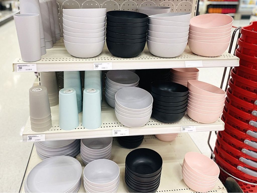 colorful plastic dishes on end cap display in store