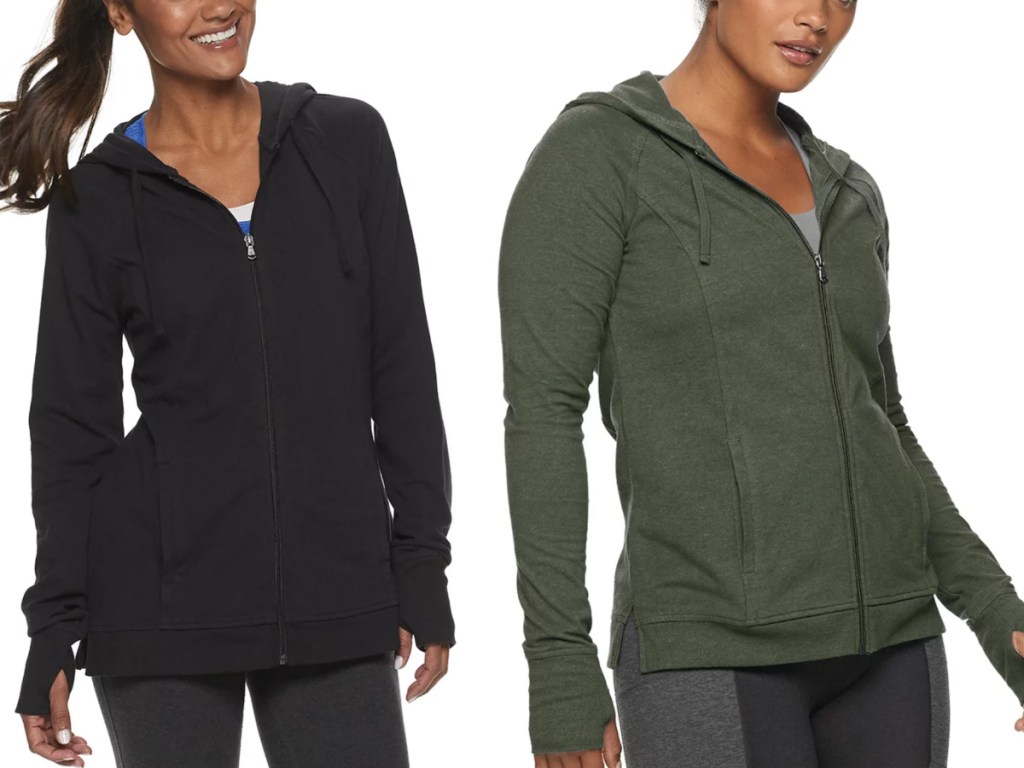 women wearing black and green zip up hoodies