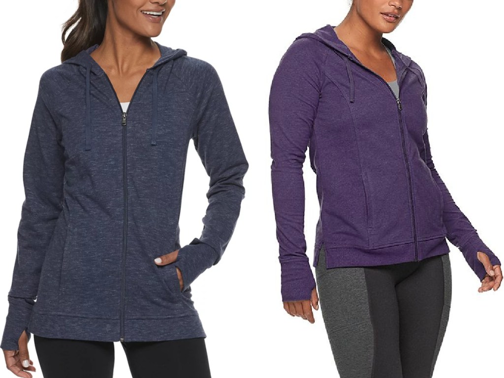 women wearing blue and purple zip up hoodies