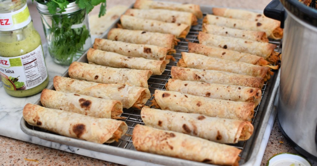 tray of slow cooker chicken taquitos