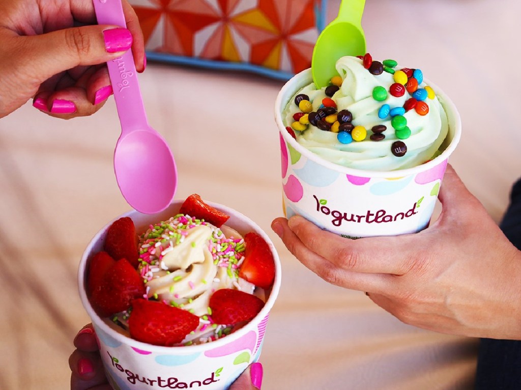 hands holding 2 cups of frozen yogurt