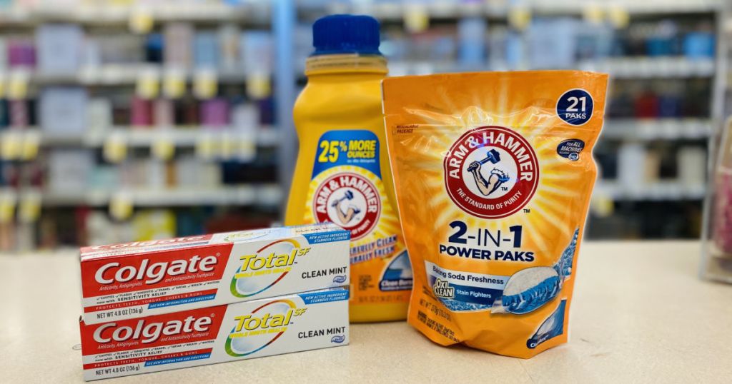 laundry care and toothpaste on shelf 