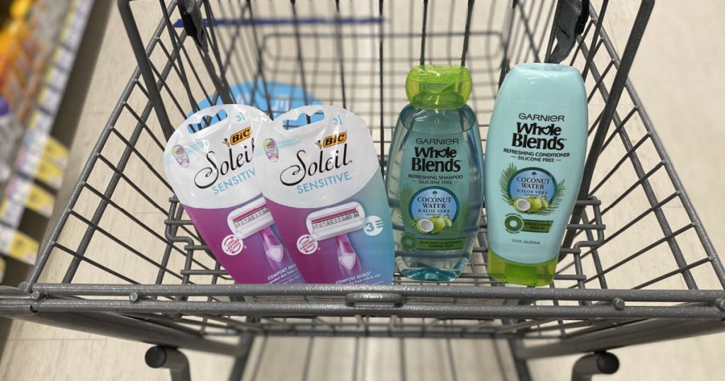 razors and shampoo on cart 