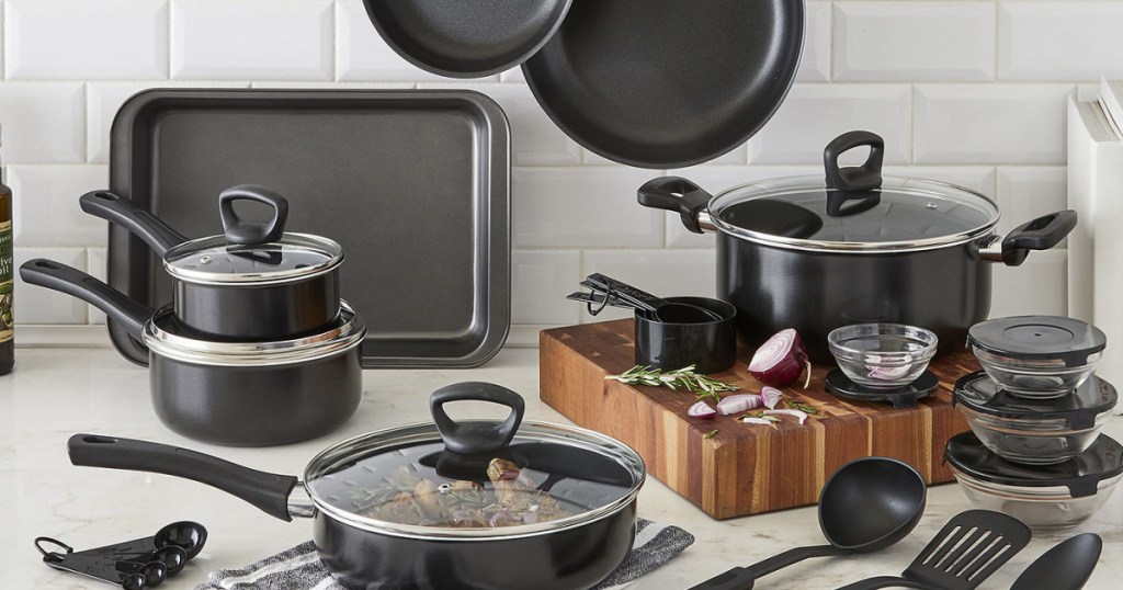 black cookware set on kitchen counter