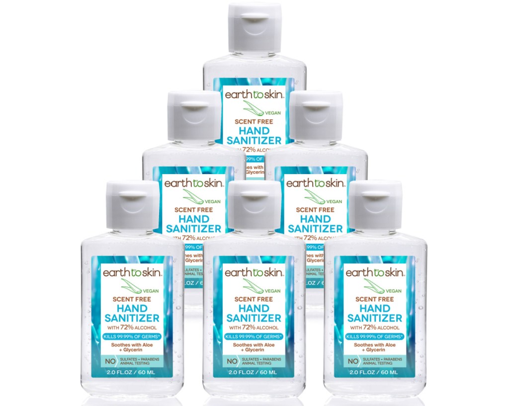 Earth to Skin brand hand sanitizer mini bottles in Aloe scent