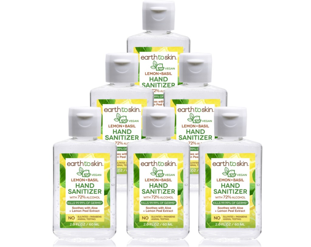 six mini bottles of lemon scented hand sanitizer