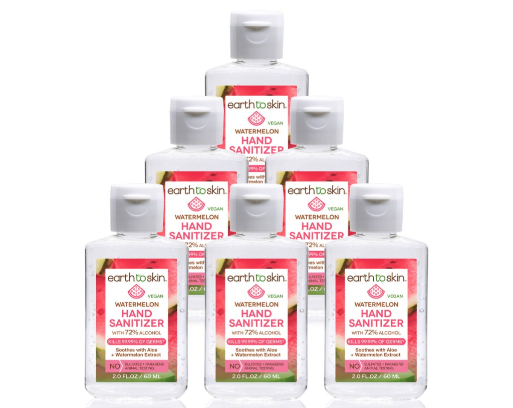 Earth to Skin brand hand sanitizer mini bottles in Watermelon scent