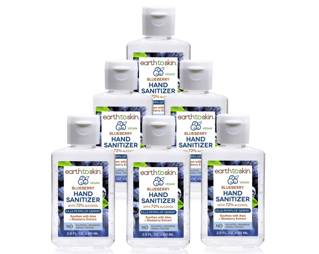 Earth to Skin brand hand sanitizer mini bottles in blueberry scent