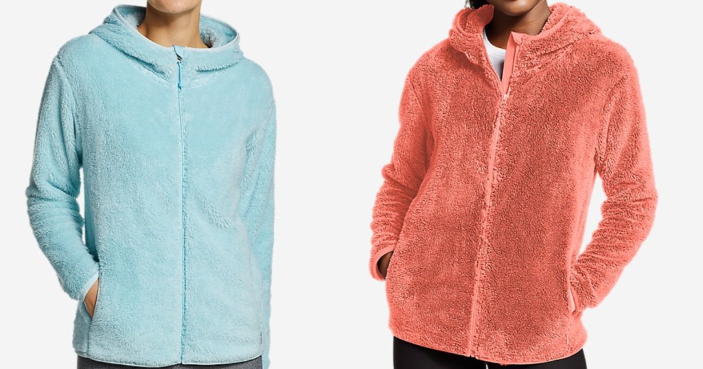 2 women wearing eddie bauer fleece full zip