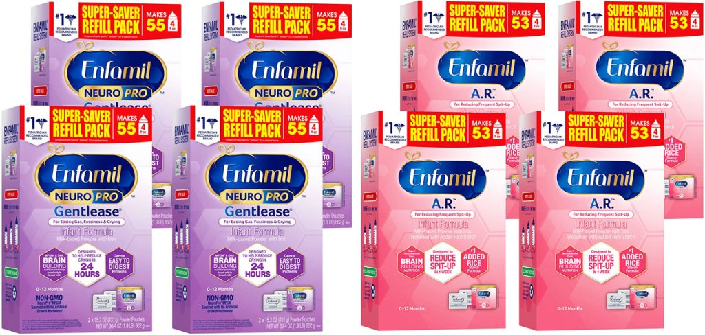 two 4-pack sets of Enfamil Formula Powder Refill Boxes