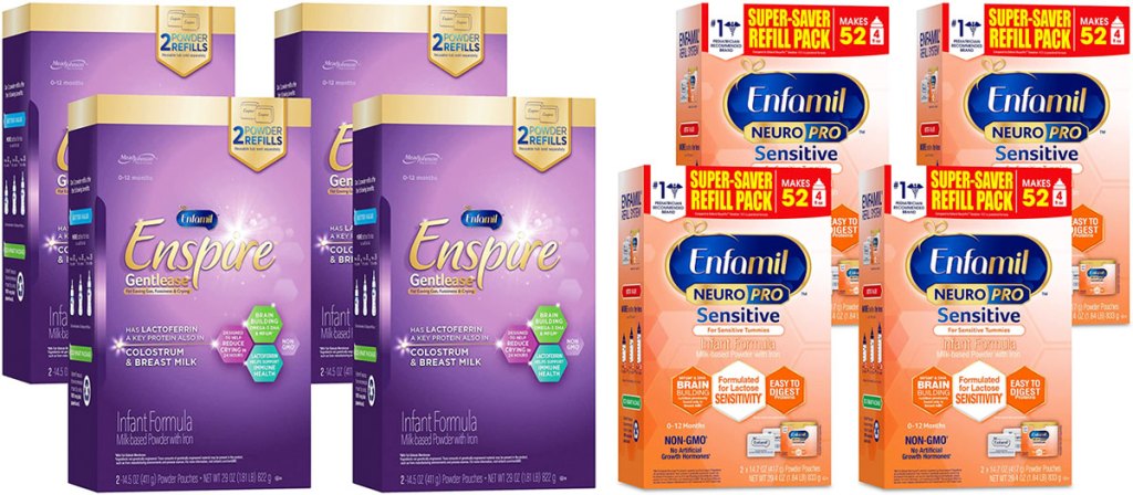 two 4-pack sets of enfamil infant formula boxes