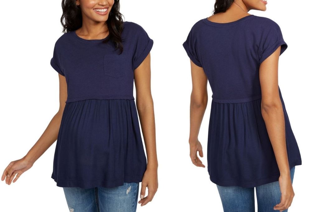 front and back of Motherhood Maternity Navy Peplum Top