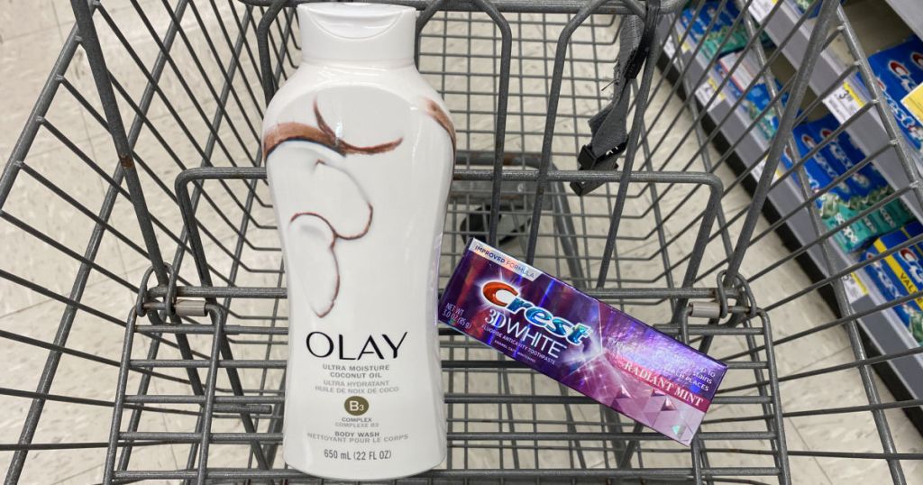 body wash and toothpaste in basket 