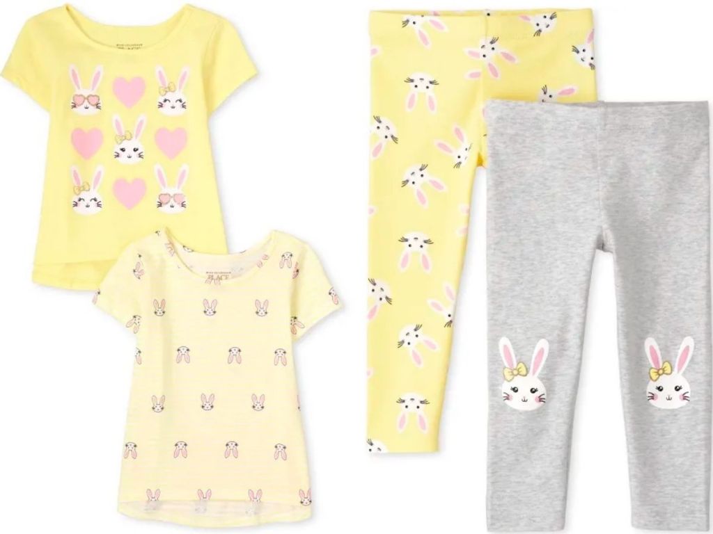 two toddler shirts and leggings with bunny print