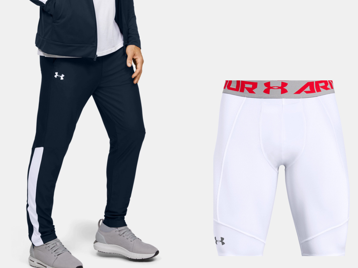 2 men wearing under armour pants