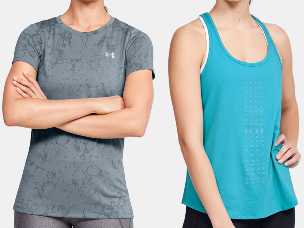 2 women wearing under armour tops