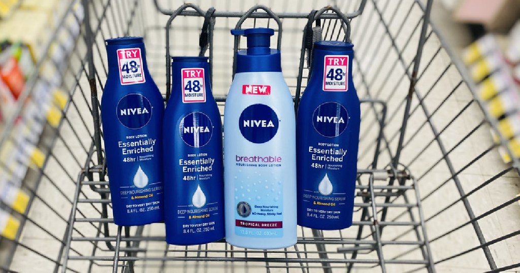 four bottles of lotion and body wash in store cart