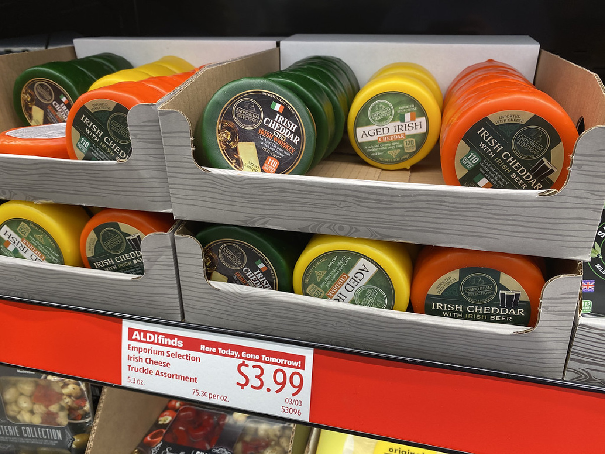 aged irish cheddars on display at aldi