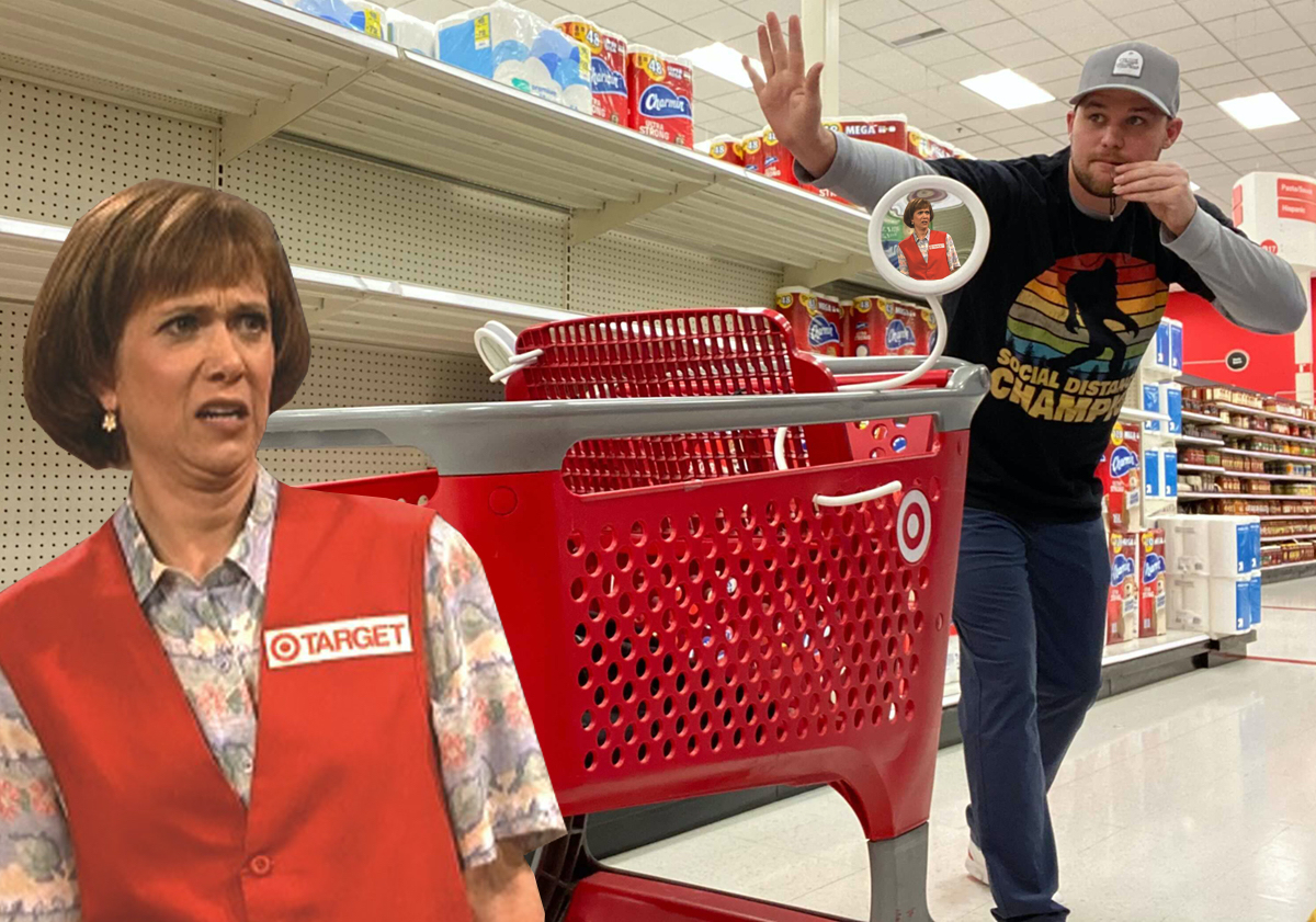 man with target cart and social distancing gear and woman staring at him