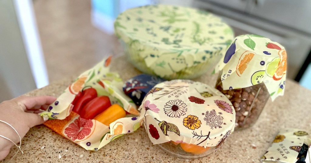 various bowls on counter with bees wraps on top