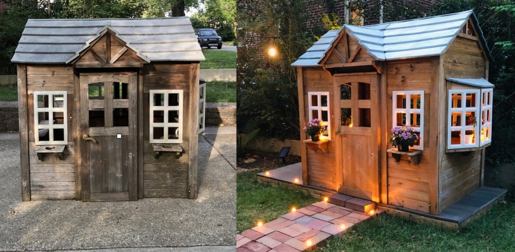before and after of wooden playhouse makeover