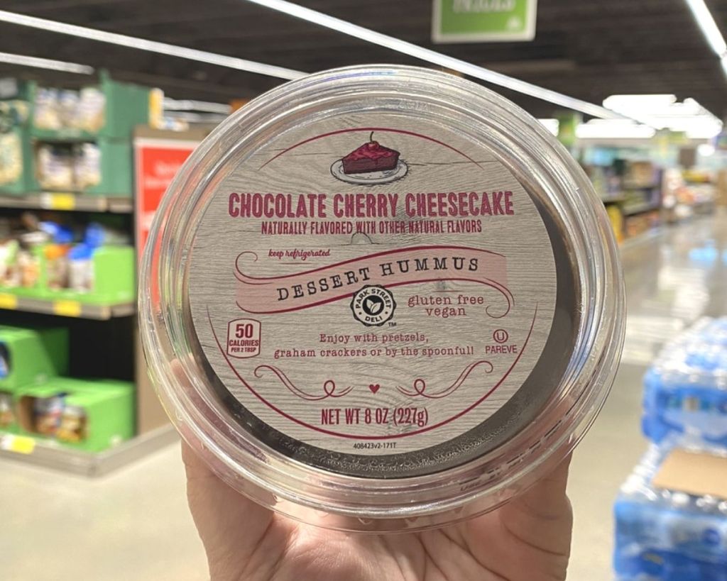 hand holding ALDI Dessert Hummus in store