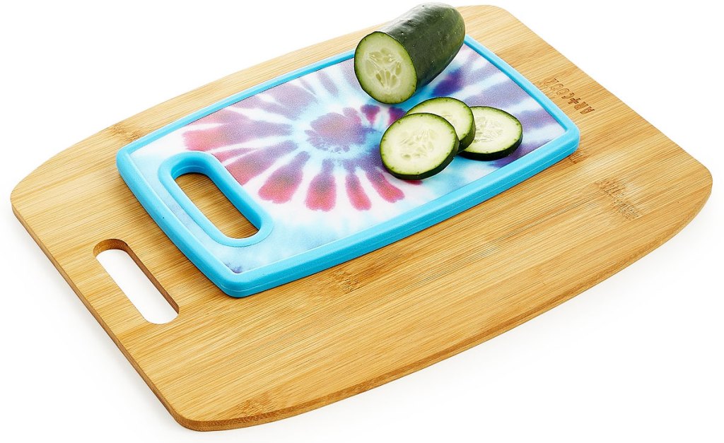 tie dye and wood cutting board set