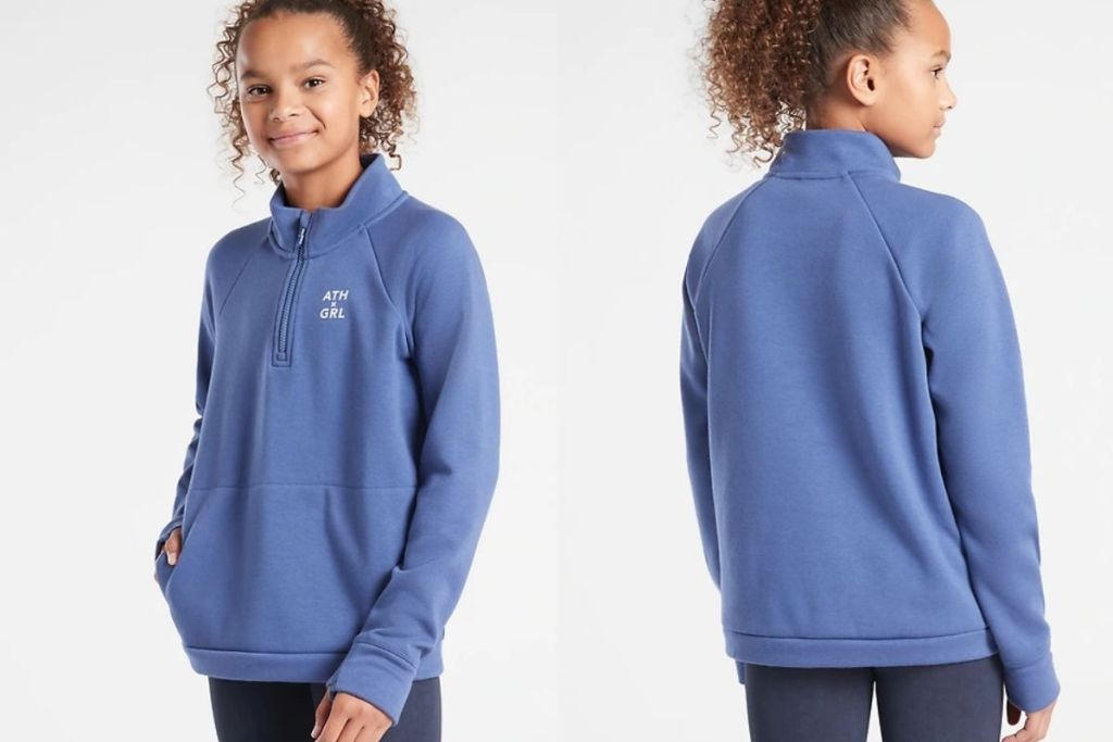 girl wearing Athleta Girl Crazy Cozy Half Zip Sweatshirt