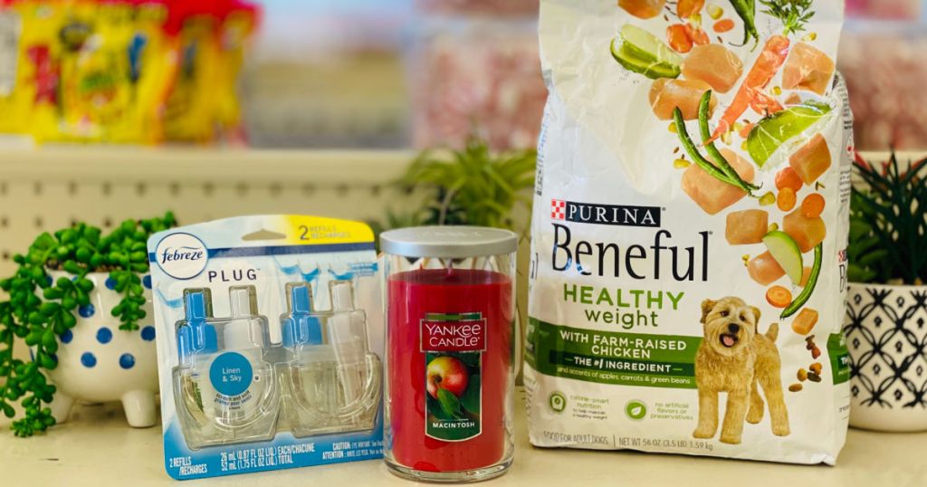 dog food candles and air freshener on shelf 