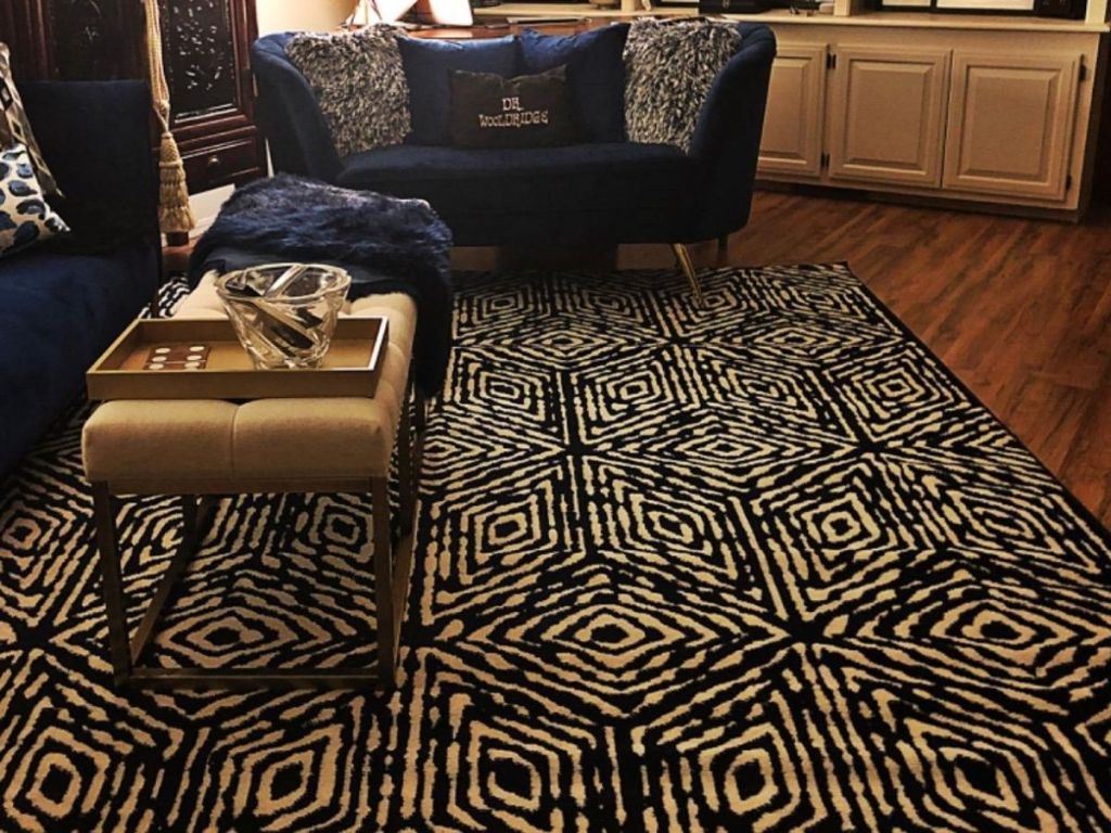 Living room with couch, coffee table and rug