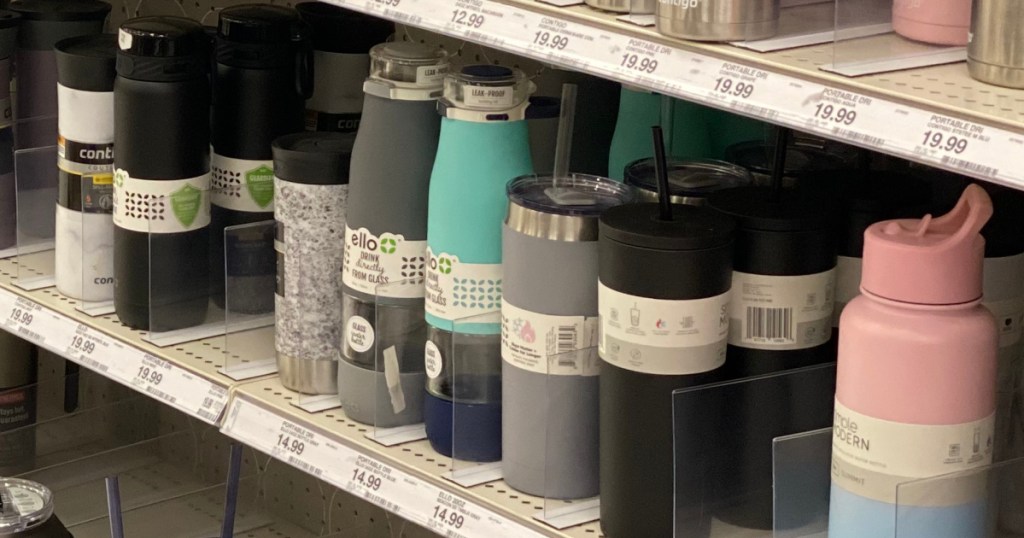 water bottles on shelf