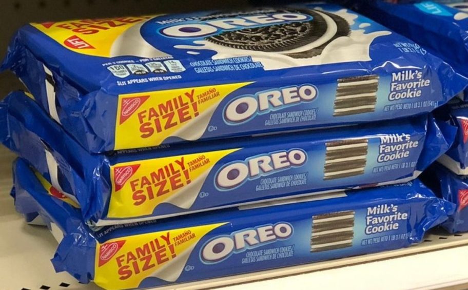 stack of three Family Size Oreo packages