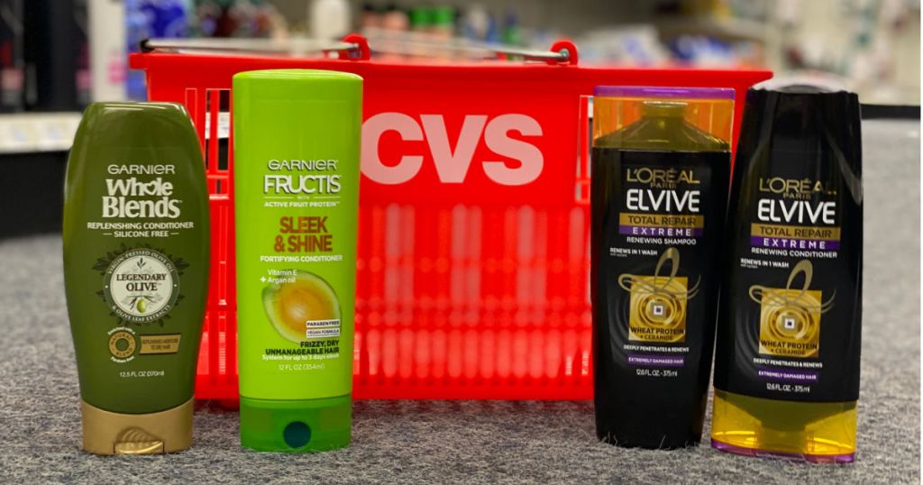 Shampoo and conditioner in front of red basket 