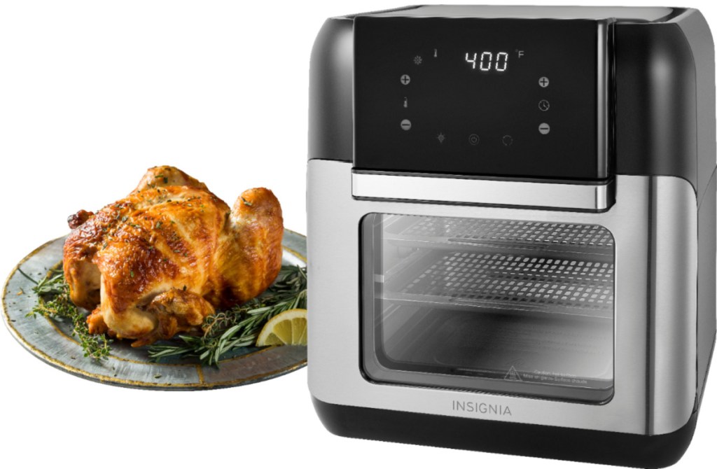 Insignia 10 Quart Digital Air Fryer next to a chicken