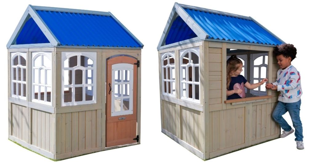 2 views of kids with KidKraft Cooper Playhouse