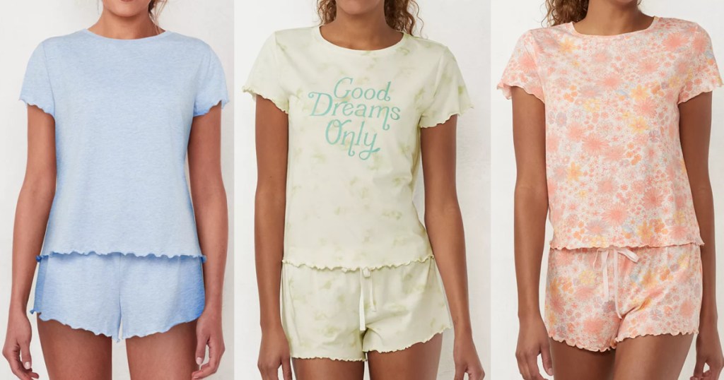 3 women wearing LC Lauren Conrad lettuce edge pajama sets